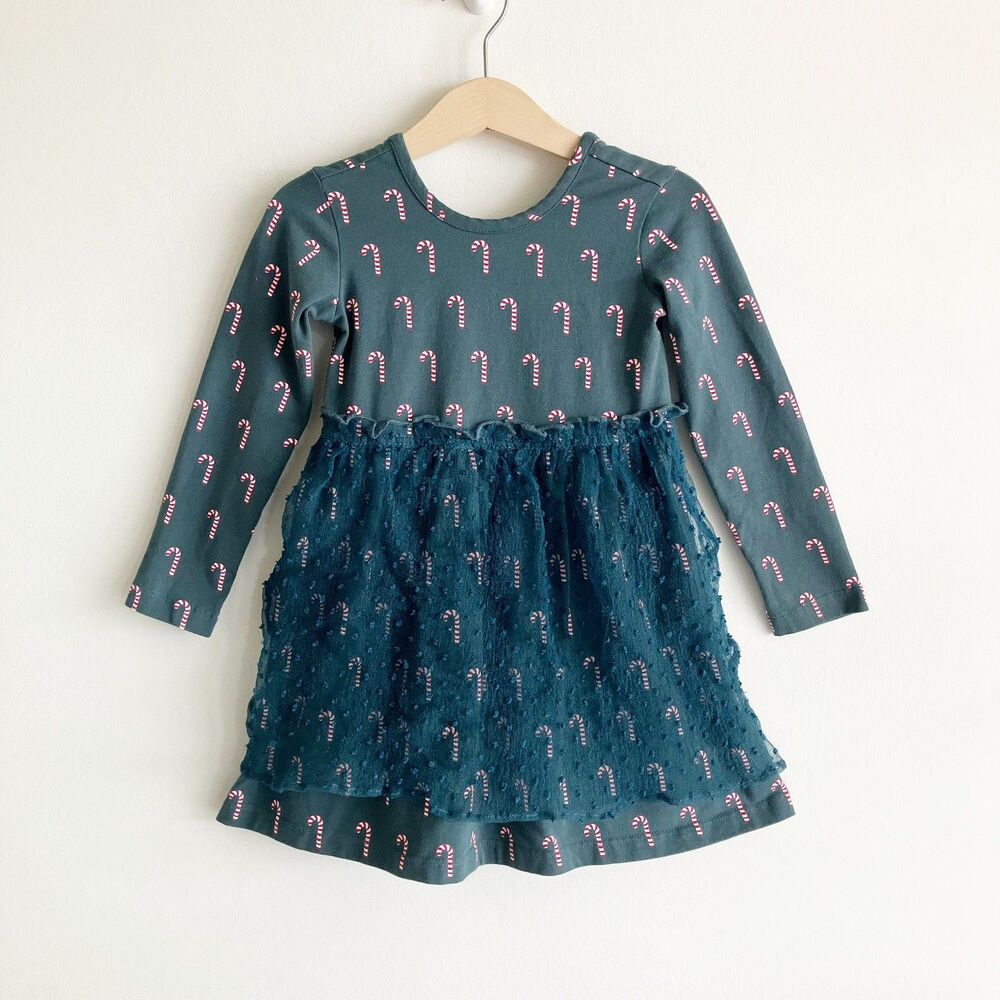 Hanna Andersson Candy Cane Print Dress Girls 3T Green Long Sleeve Xmas Holiday